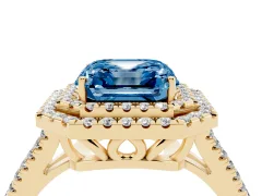 Fancy Blue Asscher Cut Diamond Double Halo Ring Set in Yellow gold with Pavé Band