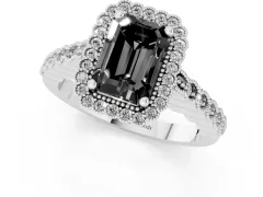 Fancy Black Radiant Cut Diamond Halo Ring Set in Silver with Pavé Milgrain Band