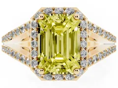 Fancy Yellow Emerald Cut Diamond Halo Split Shank Pavé Ring Set in Yellow gold with Prong Setting