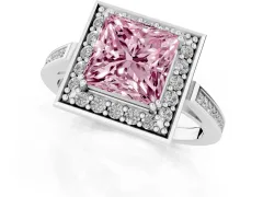 Fancy Pink Princess Cut Diamond Halo Ring Set in White gold with Accent-Lined Split Shank and Prong Setting