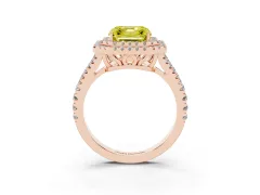 Fancy Yellow Asscher Cut Diamond Double Halo Ring Set in Rose gold with Pavé Band