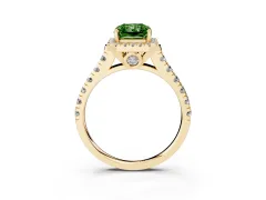 Fancy Green Radiant Cut Diamond Halo Engagement Ring Set in Yellow gold with Pavé Band and Prong-Set Center
