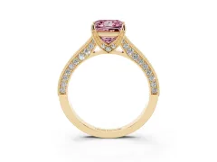 Fancy Pink Princess Cut Diamond Solitaire Ring Set in Yellow gold with Milgrain-Edged Pavé Band and Prong Setting