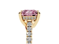 Fancy Pink Princess Cut Diamond Solitaire Ring Set in Yellow gold with Brilliant Pavé Band and Prong Setting