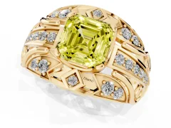 Fancy Yellow Asscher Cut Diamond Art Deco Ring Set in Yellow gold with Pavé Split Shank