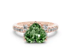Fancy Green Heart Cut Diamond Three-Stone Pavé Ring Set in Rose gold with Prong Setting
