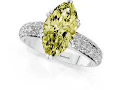 Fancy Yellow Marquise Cut Diamond Solitaire Ring Set in Platinum with Multi-Row Round Pavé Band and Prong Setting