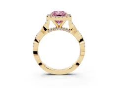 Fancy Pink Radiant Cut Diamond Halo Twist Band Solitaire Ring Set in Yellow gold with Prong Setting