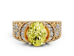 Fancy Yellow Oval Cut Diamond Milgrain Halo Pavé Engagement Ring Set in Yellow gold with Prong Setting
