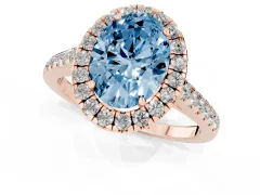 Fancy Blue Oval Cut Diamond Halo Pavé Engagement Ring Set in Rose gold with Prong Setting