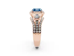 Fancy Blue Asscher Cut Diamond Halo Split Shank Ring Set in Rose gold with Round Accent Stones and Prong Setting