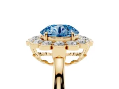 Fancy Blue Round Cut Diamond Halo Cluster Engagement Ring Set in Yellow gold with Solitaire Band and Prong Setting