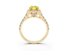 Fancy Yellow Cushion Cut Diamond Halo Engagement Ring Set in Yellow gold with Pavé Band and Prong-Set Center