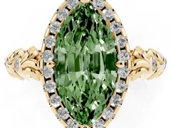 Fancy Green Marquise Cut Diamond Halo Ring Set in Yellow gold with Filigree Leaf Band and Prong Setting