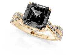 Fancy Black Asscher Cut Diamond Twist Pavé Solitaire Engagement Ring Set in Yellow gold with Prong Setting