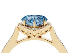 Fancy Blue Heart Cut Diamond Halo Ring Set in Yellow gold with Pavé-Lined Shoulders and Prong Setting