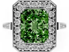 Fancy Green Radiant Cut Diamond Halo Ring Set in White gold with Accent-Lined Split Shank and Prong Setting
