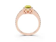 Fancy Yellow Radiant Cut Diamond Halo Ring Set in Rose gold with Pavé Shoulders and Halo-Framed Center