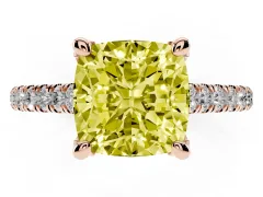 Fancy Yellow Cushion Cut Diamond Solitaire Ring Set in Rose gold with Brilliant Pavé Band and Prong Setting