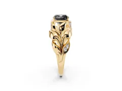 Fancy Black Cushion Cut Diamond Leaf-Inspired Engagement Ring Set in Yellow gold with Round Accents