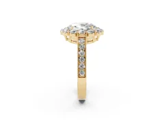 Oval Cut Diamond Halo Pavé Engagement Ring Set in Yellow gold with Milgrain Detailing