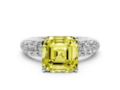 Fancy Yellow Asscher Cut Diamond Pavé Band Solitaire Ring Set in Silver with Close-Set Accent Stones and Prong Setting