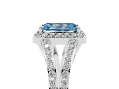 Fancy Blue Emerald Cut Diamond Halo Split Shank Pavé Ring Set in Platinum with Prong Setting