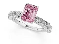 Fancy Pink Emerald Cut Diamond Solitaire Ring Set in Silver with Shared Prong Pavé Band