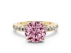 Fancy Pink Round Cut Diamond Pavé Solitaire Ring Set in Yellow gold with Round Band Accents and Prong Setting