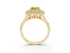 Fancy Yellow Asscher Cut Diamond Double Halo Ring Set in Yellow gold with Pavé Split Shank and Prong Setting