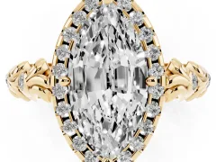 Marquise Cut Diamond Halo Ring Set in Yellow gold with Filigree Leaf Band and Prong Setting