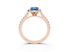 Fancy Blue Radiant Cut Diamond Solitaire Ring Set in Rose gold with Pavé Band and Floral Prong Setting