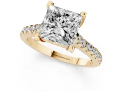Princess Cut Diamond Solitaire Ring Set in Yellow gold with Brilliant Pavé Band and Prong Setting