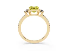 Fancy Yellow Asscher Cut Diamond Three-Stone Ring Set in Yellow gold with Pavé Band and Graduated Sides