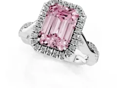 Fancy Pink Emerald Cut Diamond Halo Twist Band Solitaire Ring Set in Platinum with Prong Setting