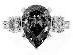 Fancy Black Pear Cut Diamond Three-Stone Ring Set in White gold with Pavé Band and Smaller Side Stones