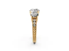 Round Cut Diamond Three-Stone Engagement Ring Set in Yellow gold with Milgrain Pavé Band