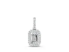 Emerald Cut Diamond Halo Pendant Set in White gold with Prong-Set Center
