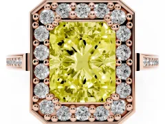 Fancy Yellow Radiant Cut Diamond Halo Ring Set in Rose gold with Accent-Lined Split Shank and Prong Setting