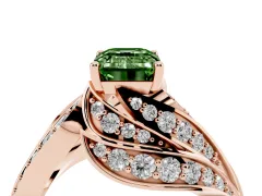 Fancy Green Emerald Cut Diamond Solitaire Ring Set in Rose gold with Layered Twist Pavé Band