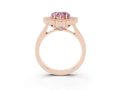 Fancy Pink Heart Cut Diamond Cluster Halo Ring Set in Rose gold with Milgrain Bezel Accents and Plain Band