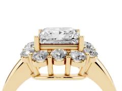 Princess Cut Diamond Milgrain Halo Solitaire Ring Set in Yellow gold with Bezel Set Side Stones and Pavé Band