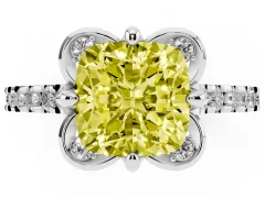 Fancy Yellow Cushion Cut Diamond Solitaire Ring Set in Platinum with Pavé Band and Floral Prong Setting