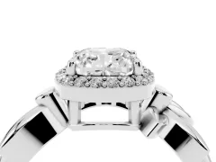 Cushion Cut Diamond Halo Floral Band Ring Set in Silver with Prong Setting