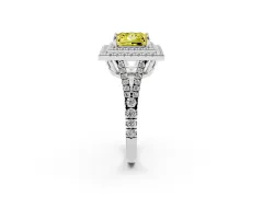 Fancy Yellow Princess Cut Diamond Double Halo Ring Set in White gold with Pavé Band