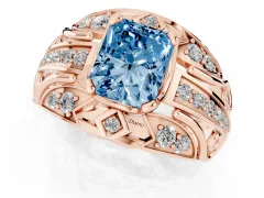 Fancy Blue Radiant Cut Diamond Art Deco Ring Set in Rose gold with Pavé Split Shank