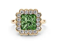 Fancy Green Princess Cut Diamond Halo Cluster Engagement Ring Set in Yellow gold with Solitaire Band and Prong Setting