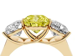 Fancy Yellow Cushion Cut Diamond Three-Stone Ring Set in Yellow gold with Plain Polished Band