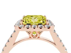 Fancy Yellow Princess Cut Diamond Pavé Halo Engagement Ring Set in Rose gold with Pavé Band and Prong Setting