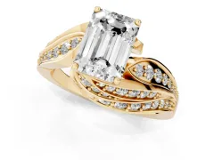 Emerald Cut Diamond Solitaire Ring Set in Yellow gold with Layered Twist Pavé Band
